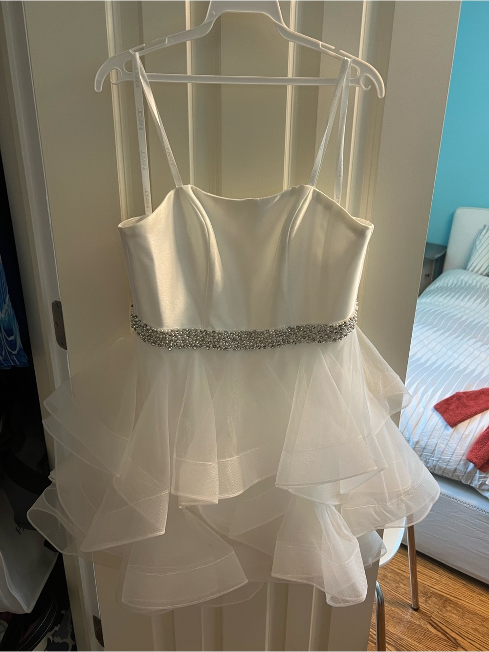 Jovani White Layered Tulle Party (Bat mitzvah) Dress with Beaded Waist